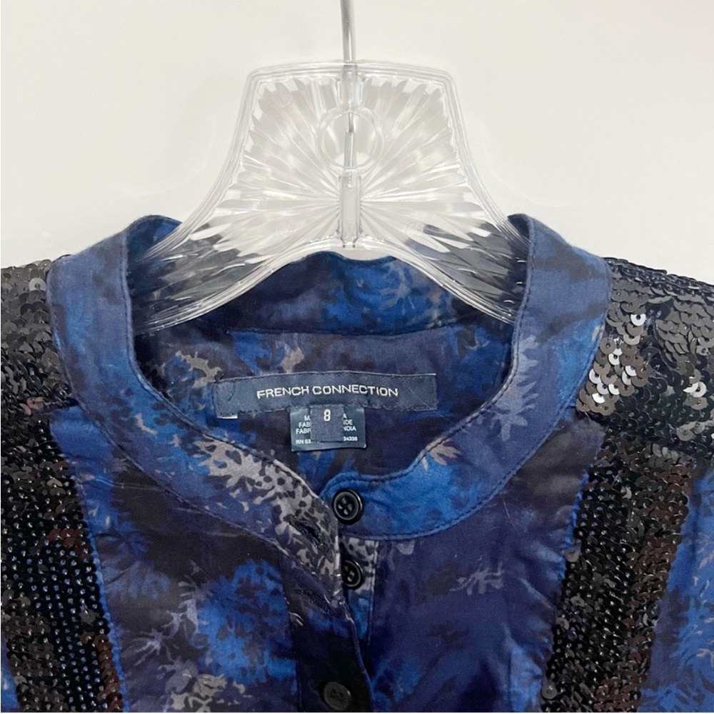 French Connection top blue black floral trees sequins cap sleeves buttons - Picture 5 of 8